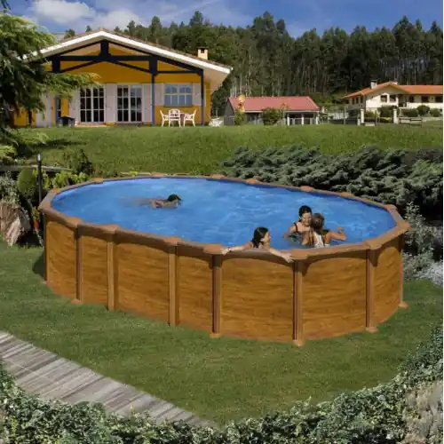 Piscine ovale acier 6,34m x 3,99m x H 1,32m - Imitation bois - Filtration à sable - SANS Renforts apparents - GRE POOLS Promotion Saisonnière