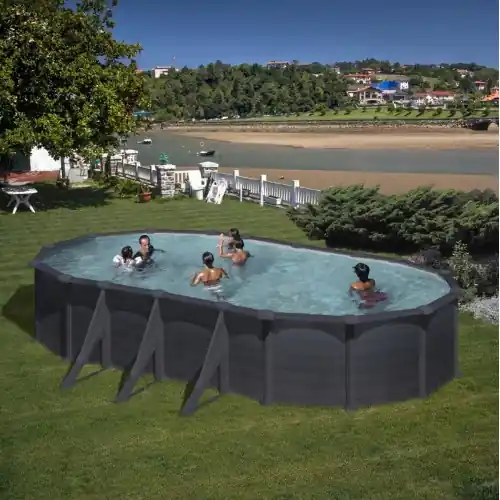 Bon Plan Piscine ovale acier 7,44m x 3,99m x H 1,32m - Gris anthracite - Filtration à sable - Renforts apparents - GRE POOLS