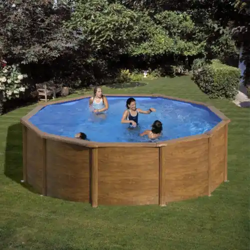 Certifié Piscine ronde acier Ø3,70m x H 1,22m - Imitation bois - Filtration à cartouche - GRE POOLS