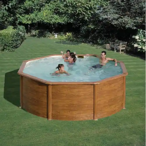 Piscine ronde acier Ø3,70m x H 1,22m - Imitation bois - Filtration à sable - GRE POOLS Commande En Gros