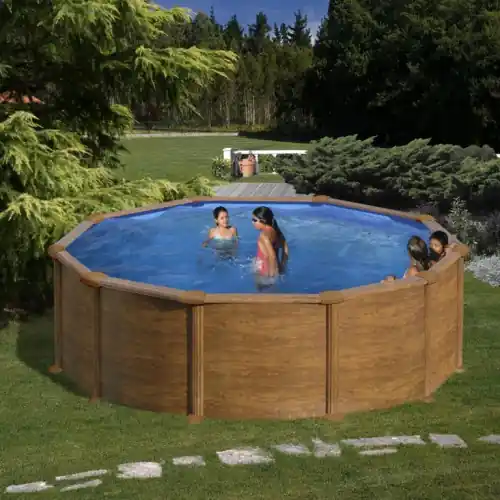 Piscine ronde acier Ø4,80m x H 1,32m - Imitation bois - Filtration à sable - GRE POOLS Prix Réduit