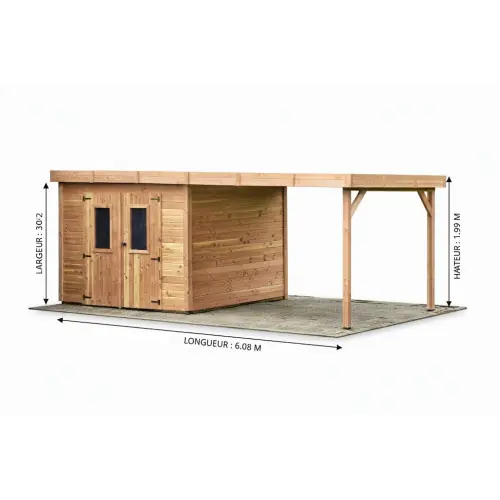 Abri de jardin bois avec bûcher 7,53 m² – madriers 28 mm – toit plat polycarbonate – double porte vitrée – HABRITA Nouvelle Collection