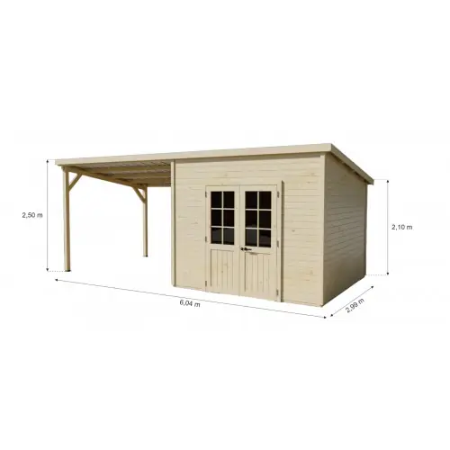Nouvelle Collection Abri de jardin bois avec terrasse 18,06 m² – madriers 28 mm – toit monopente acier – double porte semi-vitrée – HABRITA