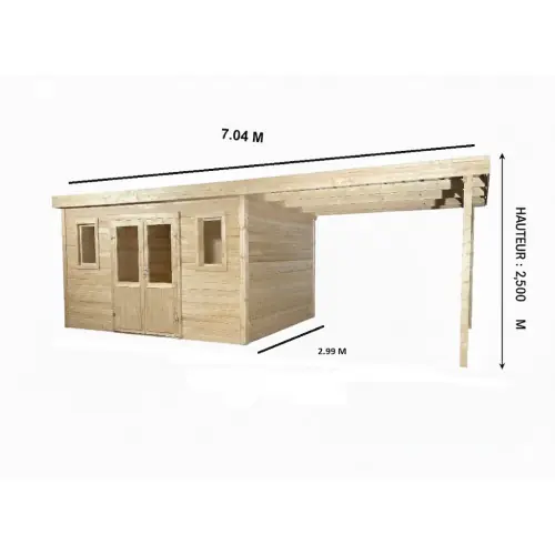 Abri de jardin bois avec terrasse 21,05 m² – madriers 28 mm – toit monopente acier – double porte vitrée + fenêtres – HABRITA Marque