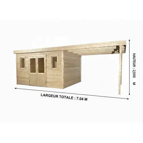 Abri de jardin bois avec terrasse 28,09 m² – madriers 28 mm – toit monopente acier – double porte vitrée + fenêtres – HABRITA Marque