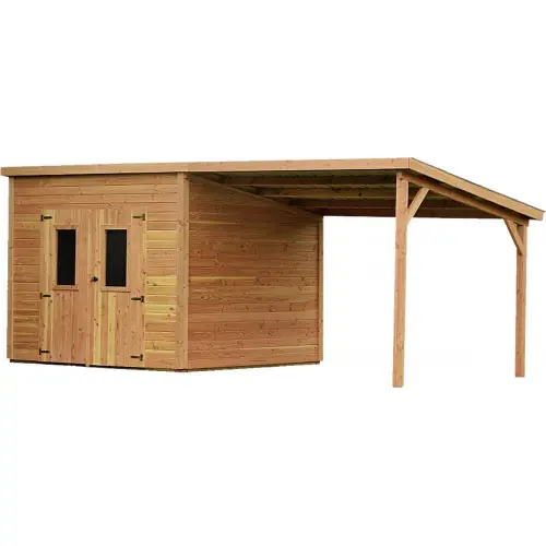 Abri de jardin bois douglas avec bûcher 7,53 m² – madriers 28 mm – toit monopente acier – HABRITA Prix Choc