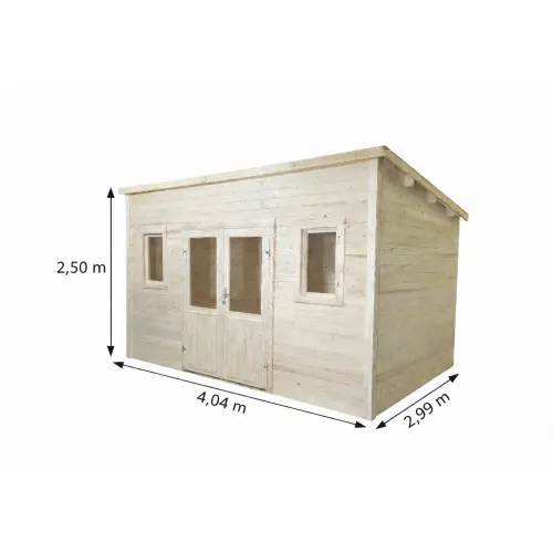 Bon Plan Abri de jardin bois massif 10,27 m² – madriers 28 mm – toit monopente bac acier – double porte vitrée + fenêtres – HABRITA