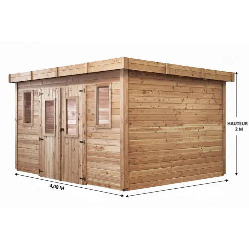 Abri de jardin bois massif 10,27 m² – madriers 28 mm – toit plat polycarbonate – double porte vitrée + fenêtres – HABRITA Quantité Limitée