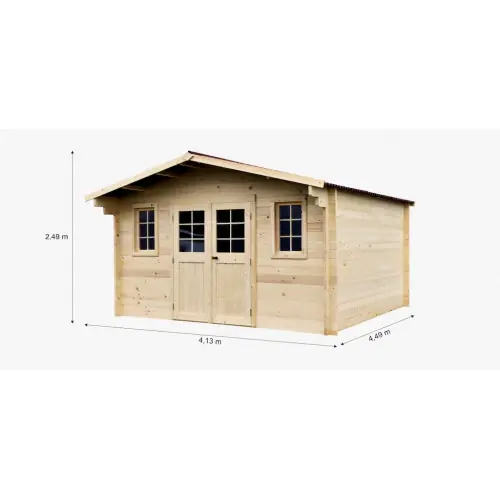 Offre Spéciale Abri de jardin bois massif 13,81 m² – madriers 42 mm – toit double pente – double porte vitrée – HABRITA