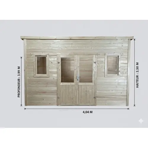 Solde Abri de jardin bois massif 14,02 m² – madriers 28 mm – toit monopente acier – double porte vitrée + fenêtres – HABRITA