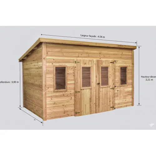 Offre Du Jour Abri de jardin bois massif 14,02 m² – madriers 28 mm – toit monopente polycarbonate – double porte + fenêtres – HABRITA