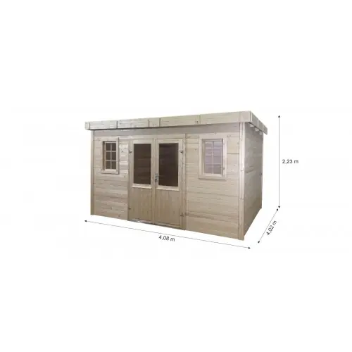 Bon Plan Abri de jardin bois massif 14,02 m² – madriers 28 mm – toit plat bac acier – double porte vitrée sécurisée – HABRITA