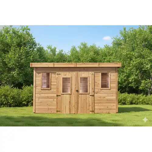 Abri de jardin bois massif 14,02 m² – madriers 28 mm – toit plat polycarbonate – double porte vitrée – HABRITA Meilleur Prix