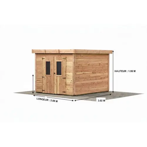 Abri de jardin bois massif 7,53 m² – madriers 28 mm – toit plat polycarbonate – double porte vitrée – HABRITA Paiement Sécurisé