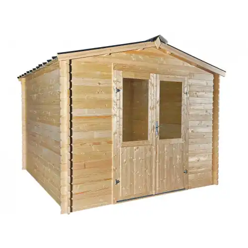Usine Directe Abri de jardin bois massif 8,18 m² – madriers 28 mm – toit acier double pente – sans plancher – BAX3030 – HABRITA