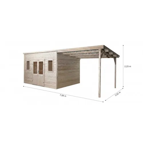 Top Vente Abri de jardin bois massif avec bûcher 10,25 m² – madriers 28 mm – toit plat acier – double porte vitrée sécurisée – HABRITA