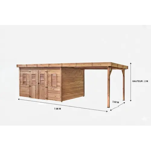 Must-Have Abri de jardin bois massif avec bûcher 10,25 m² – madriers 28 mm – toit plat polycarbonate – double porte vitrée – HABRITA