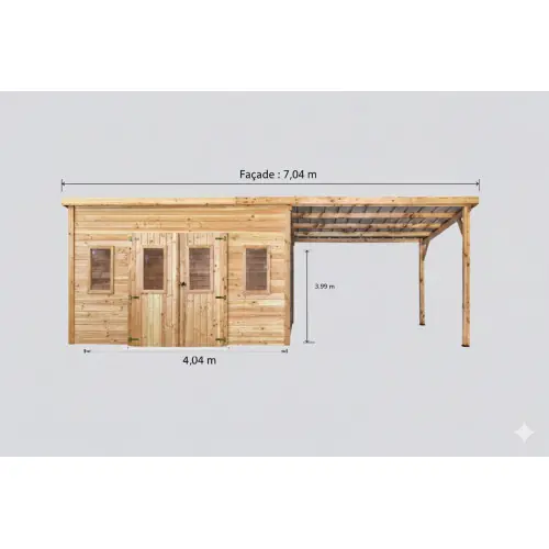 Haute Qualité Abri de jardin bois massif avec bûcher 14,02 m² – madriers 28 mm – toit monopente polycarbonate – double porte + fenêtres – HABRITA