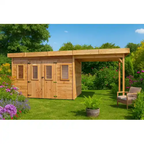 Must-Have Abri de jardin bois massif avec bûcher 14,02 m² – madriers 28 mm – toit plat polycarbonate – double porte vitrée – HABRITA
