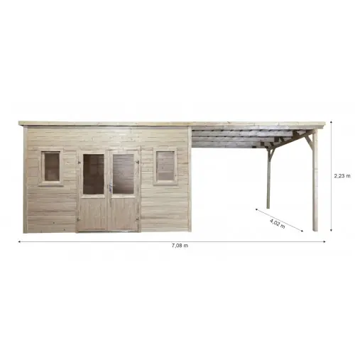 Abri de jardin bois massif avec terrasse 14,02 m² – madriers 28 mm – toit plat acier – double porte vitrée – HABRITA Nouvel Arrivage
