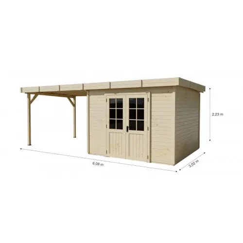 Vente Flash Abri de jardin bois massif avec terrasse 7,51 m² – madriers 28 mm – toit plat acier – double porte vitrée – HABRITA