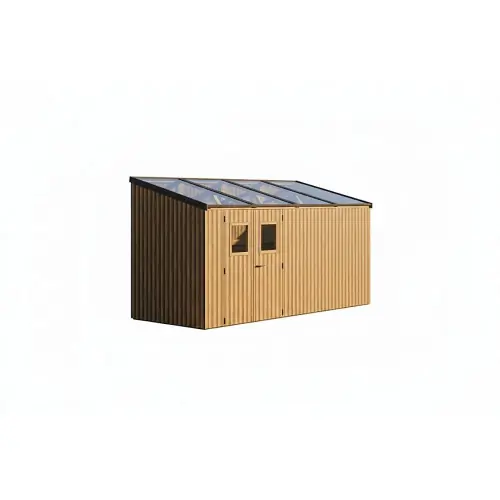 Bon Plan Abri de jardin bois thermochauffé monopente 8,87 m² – bardage 19 mm – kit photovoltaïque 2 kWc – HABRITA