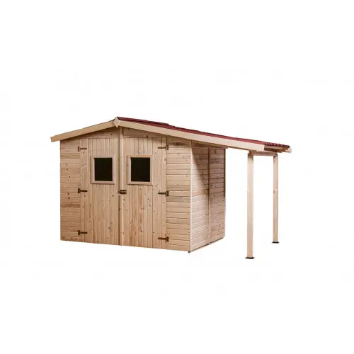 Réduction Abri Eden Double Pente – Épicéa Massif 16 mm – Plancher & Bûcher – Plaques Ondulées Bitumées – HABRITA