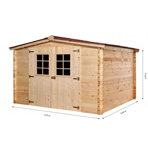 Super Prix Abri Montana Double Pente 9,58 m² – Épicéa Massif 28 mm – Plaques Ondulées Bitumées Rouges – Sans Plancher – HABRITA