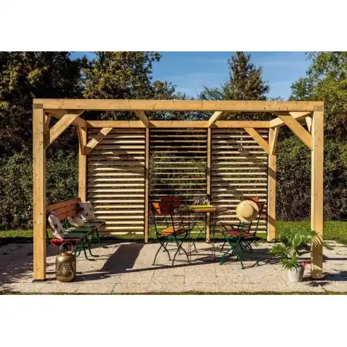 Auvent VENETO en douglas massif avec ventelles mur – S.h.t. 12,24 m2 – dimensions 3,39 m x 3,60 m – HABRITA Commander Vite