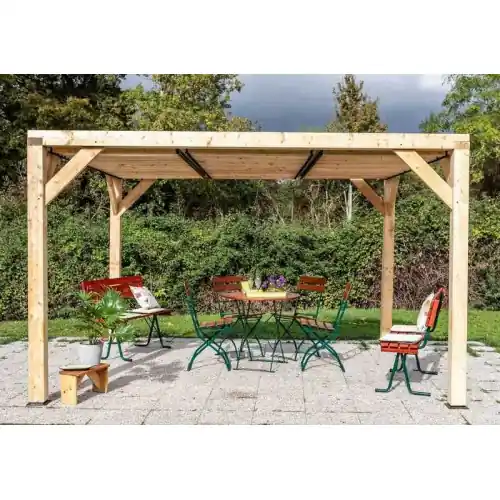 Satisfait Ou Remboursé Auvent VENETO en douglas massif avec ventelles toit – S.h.t. 10,57 m2 – dimensions 3,39 m x 3,12 m – HABRITA
