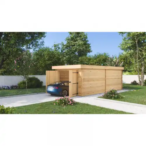 Haute Qualité Garage bois massif 16,24 m² madriers 28 mm – toit polycarbonate – double porte – HABRITA