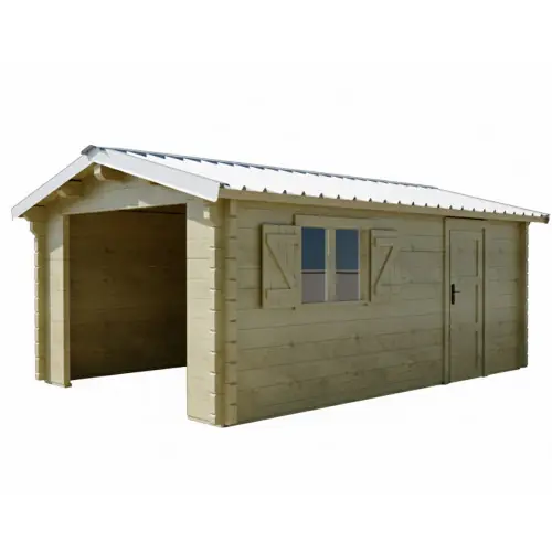 Garage bois massif 19,73 m² madriers 80 mm - toit shingles double pente - porte bois - HABRITA Expédition Rapide