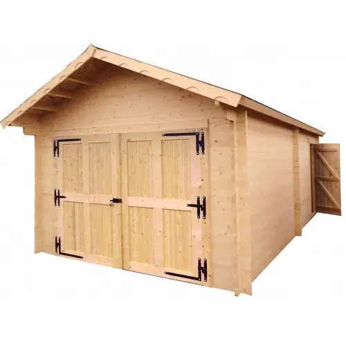 Offre Exclusive Garage bois massif 24,23 m² madriers 60 mm - toit double pente ONDUCHAPE VV - porte bois - HABRITA