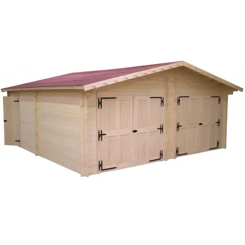 Promotion Garage bois massif double 38,44 m² madriers 60 mm - toit double pente ONDUCHAPE VV - portes bois - HABRITA