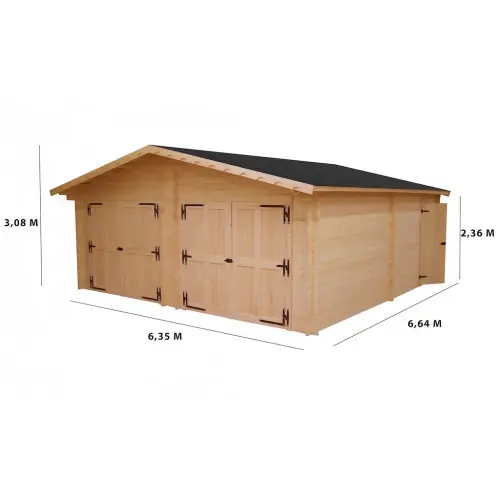 Garage bois massif double 38,44 m² madriers 60 mm - toit double pente ONDUCHAPE VV - portes métalliques - HABRITA Petit Prix