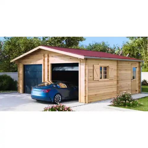 Acheter Direct Garage bois massif double 38,44 m² madriers 60 mm - toit double pente ONDUCHAPE VV - portes sectionnelles motorisées - HABRITA