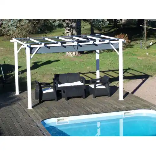 Pergola aluminium blanc perle - 12 m² - Poteaux 10x10 cm - Toile polyester gris 140 gr/m² - HABRITA Offre Limitée