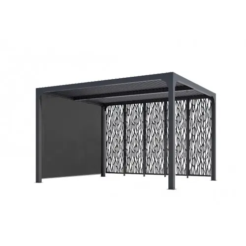 Livraison Express Pergola Bioclimatique Aluminium Gris Anthracite avec Panneaux Moucharabieh et Rideau Latéral Manuel - 10,80 m² - Lames Orientabl - HABRITA