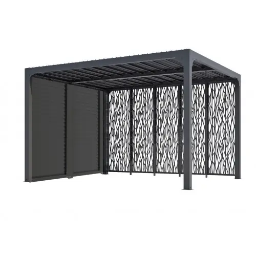 Solde Pergola Bioclimatique Aluminium Gris Anthracite avec Panneaux Moucharabieh et Ventelles Latérales Mobiles – 10,80 m² – Lames Ori – HABRITA