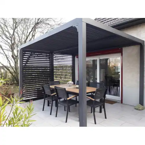 Nouvelle Collection Pergola Bioclimatique Aluminium Gris Anthracite avec Ventelles Latérales Amovibles - 10,80 m² - Lames Orientables Manuelles - HABRITA