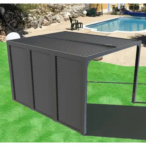 Pergola Bioclimatique Aluminium Gris Anthracite avec Ventelles Latérales Imitation Bois - 10,80 m² - Lames Orientables Manuelles - HABRITA Achat Immédiat