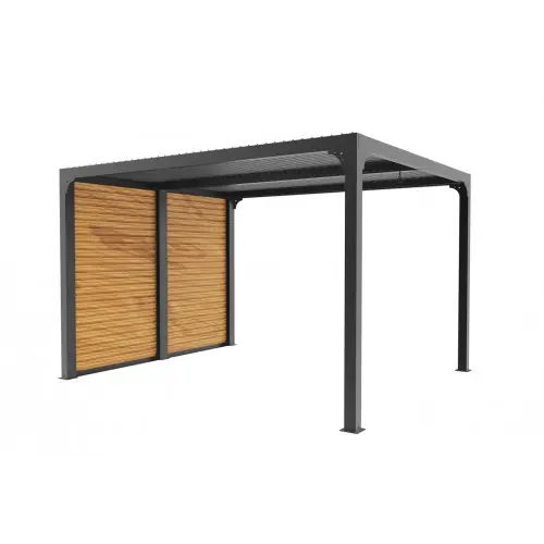 Quantité Limitée Pergola Bioclimatique Aluminium Gris Anthracite avec Ventelles Latérales Imitation Bois – 10,80 m² – Lames Orientables Manuelles – HABRITA