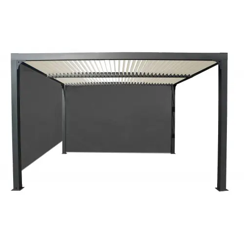 Pergola bioclimatique autoportante aluminium – 3 x 3,60 m – avec 2 rideaux gris – HABRITA Certifié