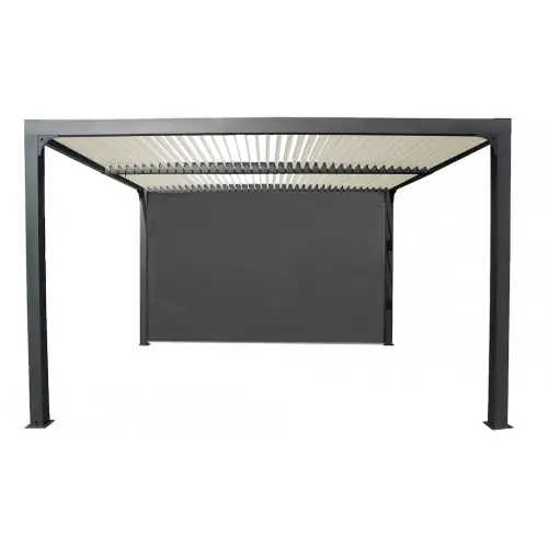 Offre Spéciale Pergola bioclimatique autoportante - Aluminium thermolaqué - Lames orientables - Rideau latéral - Coloris écru - 10,80 m² - HABRITA