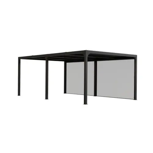 Promotion Saisonnière Pergola bioclimatique XXL + 2 rideaux manuels pour côté 5,98 m – 21,52 m2 – Alu – HABRITA