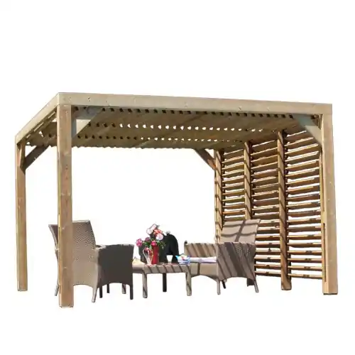 Certifié Pergola Thermauvent - Bois thermochauffé - Ventelles mobiles sur le toit et 1 paroi - Visserie inox - 3,41 x 3,13 m - HABRITA