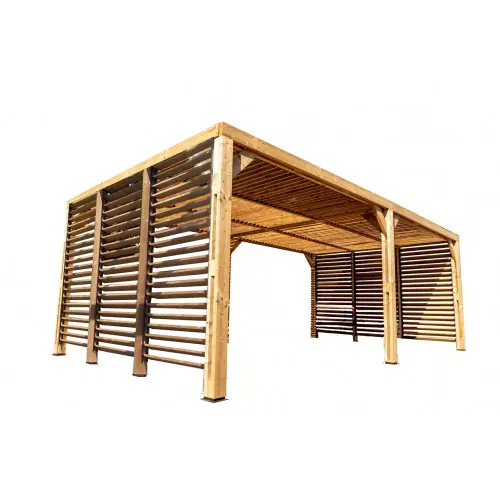 Pergola Thermauvent - Bois thermochauffé - Ventelles mobiles sur le toit et 2 parois - 3,41 x 6,14 m - HABRITA Petit Prix