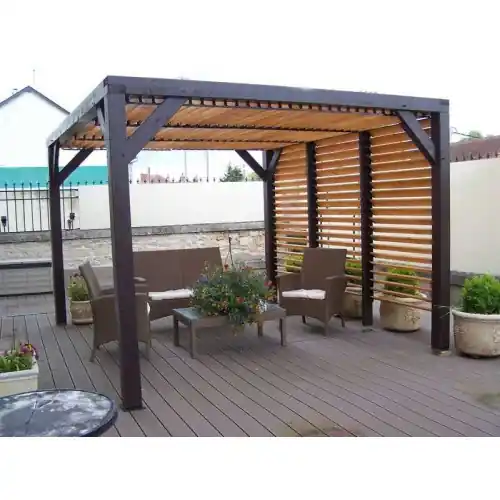 Certifié Pergola Veneto - 3,40 x 3,12 m - Sapin du Nord Contrecollé - Ventelles Mobiles sur le Toit et 1 Paroi - HABRITA