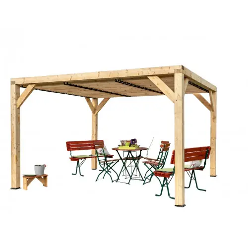 Pergola Veneto - 3,40 x 3,12 m - Sapin du Nord Contrecollé - Ventelles Mobiles sur le Toit - HABRITA Expédition Rapide