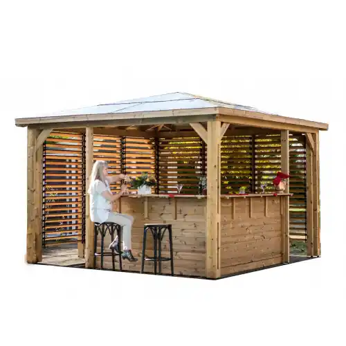 Nouvelle Collection Pool house Blueterm avec ventelles 3,50 x 3,50 m - bois thermochauffé - toit ACP - HABRITA